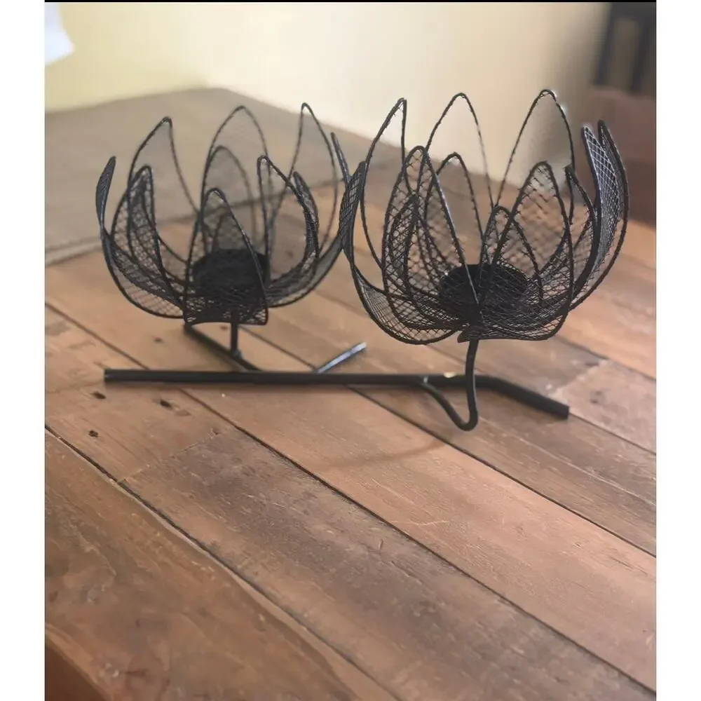 Black Metal Wire Lotus Flower Double Tealight Candle Holder – Centerpiece